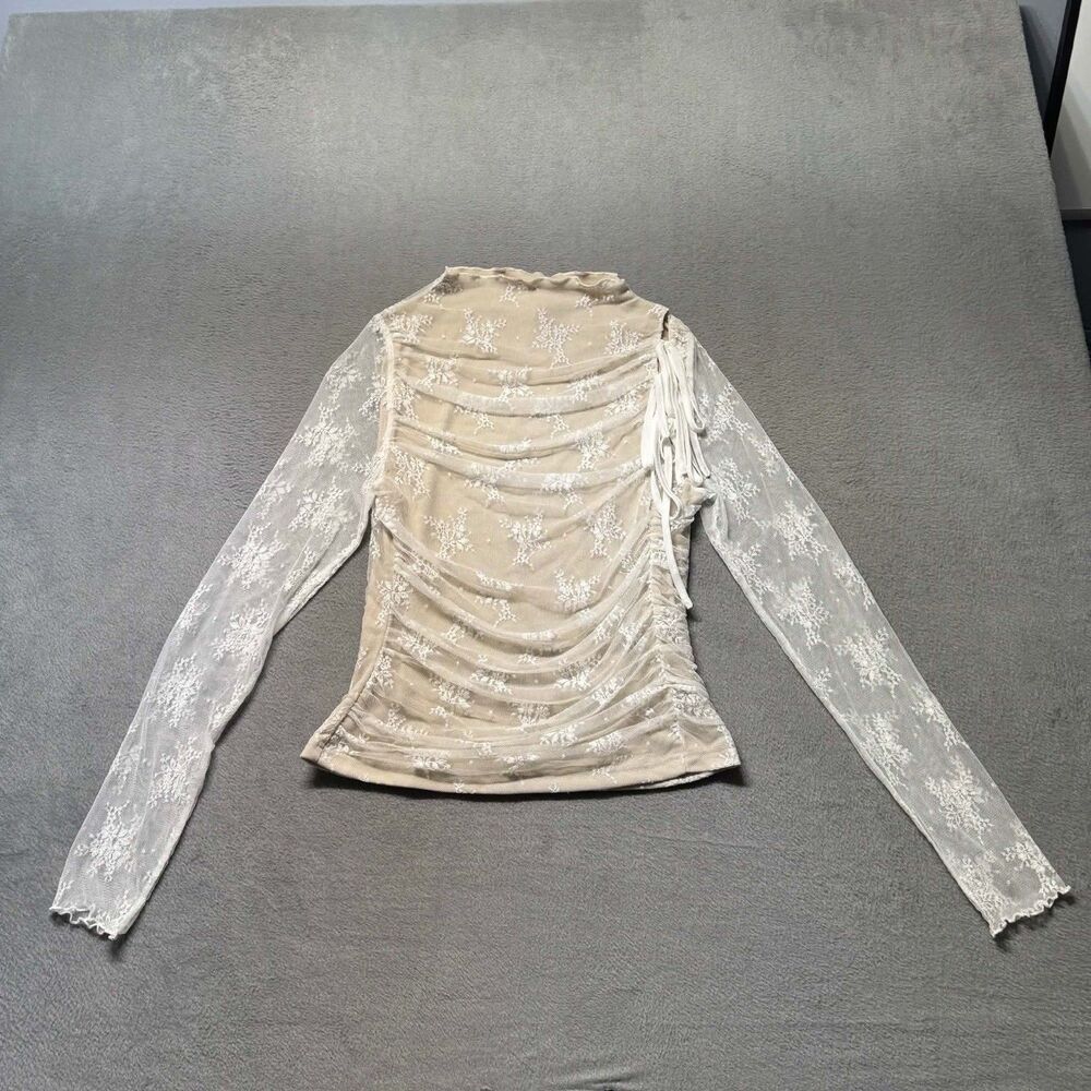 Willow & Root Womens Large Beige Mesh Lace Top Ruched Sheer Long Sleeve Nude EUC